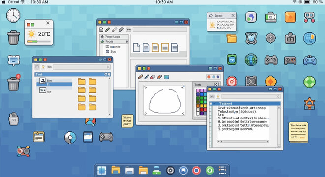 Computer desktop with multiple windows and icons on blue background showcasing technology and software interface