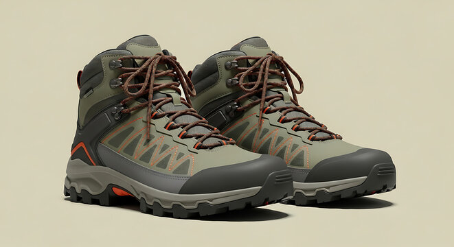 Modern technical hiking boots in olive green and grey with orange accents and rugged grip soles for outdoor enthusiasts and mountain trekking.