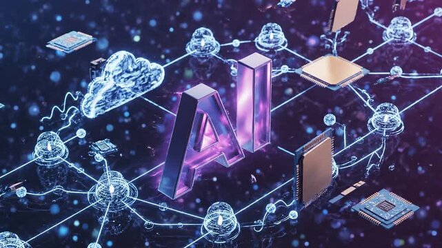 Dynamic futuristic ai logo animation with glowing neon lights and digital network 4k video