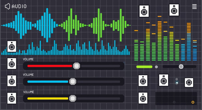 Audio waveform and equalizer interface with volume controls on a digital mixing board for music production and sound engineering