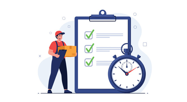 Professional delivery man holding a package next to a large clipboard checklist and a stopwatch to emphasize timely and professional service.