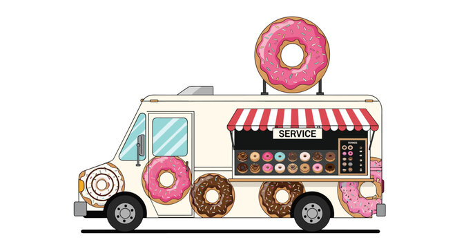 Colorful donuts food truck decorated with large donuts and a red striped awning offering a variety of sweet treats for sale in the street.