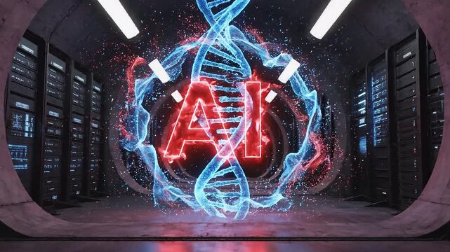 Futuristic ai logo animation with glowing blue dna helix in a modern tech environment 4k video
