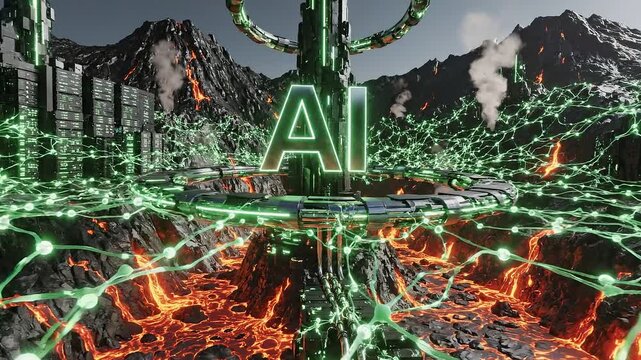 Futuristic ai logo rotating in a neon lit digital environment with lava and mountains 4k video