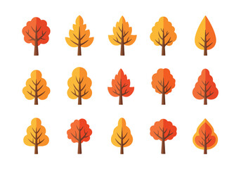 Obraz premium Collection of stylized autumn trees in various warm colors, featuring simple geometric shapes and flat design elements