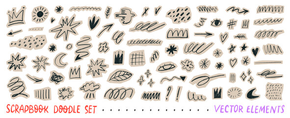 Funky doodle scrapbook collage vector stickers. Crayon drawn doodle elements cut out on beige craft paper. Hand drawn scrapbook stickers with squiggle lines, underlines, stars, arrows and crowns. © Anastasiia Hevko