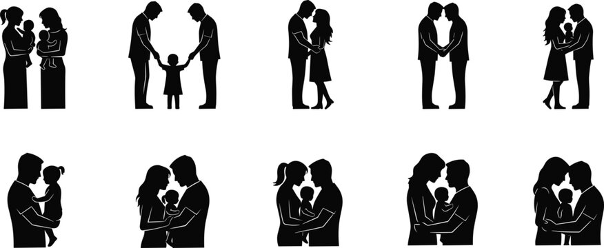 Romantic couple silhouettes in various affectionate poses.