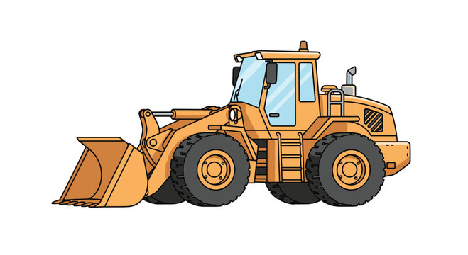 Heavy construction machinery shows a large yellow front end loader or wheel loader vehicle isolated on a white background.