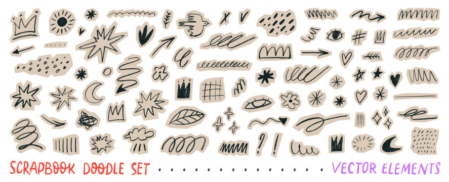 Funky doodle scrapbook collage vector stickers. Crayon drawn doodle elements cut out on beige craft paper. Hand drawn scrapbook stickers with squiggle lines, underlines, stars, arrows and crowns.