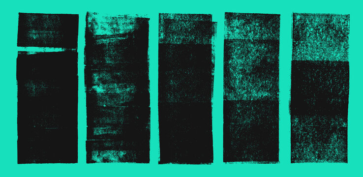 Vertical long linocut stamps texture set on emerald green background. Distress printmaking aged effect vertical stripes. Set of handmade dull rough edges old noise rectangles. Hand drawn ink roller