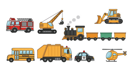 Fototapeta premium Diverse set of transport vehicles features fire engine train bulldozer and helicopter illustrations for educational content.