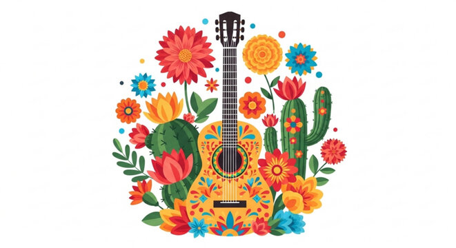 Vibrant guitar surrounded by colorful flowers and cacti symbolizing music and nature's harmony