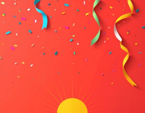 Arri&egrave;re-plan festif rouge avec des confettis color&eacute;s, des serpentins boucl&eacute;s et un soleil jaune brillant en bas pour une c&eacute;l&eacute;bration joyeuse.