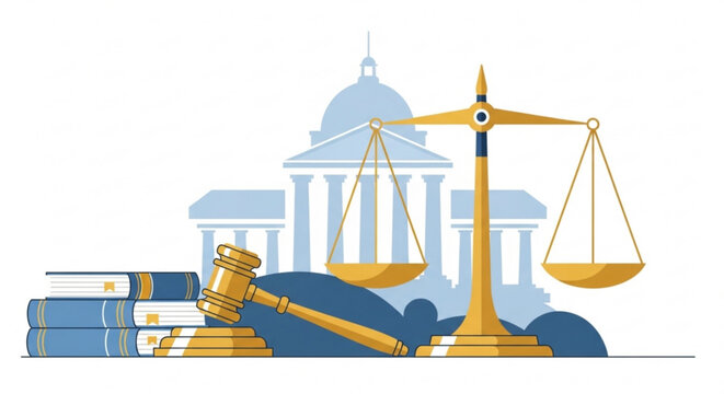 Law and justice concept with gavel scales and books in front of a courthouse symbolizing legal system and order