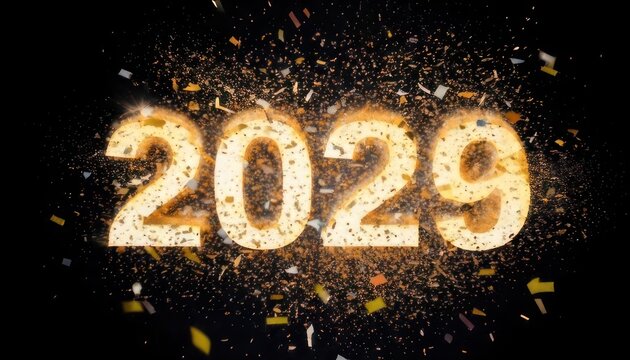Golden 2029 New Year Celebration with Confetti on Black Background.