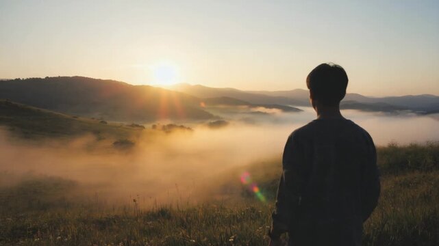 silhouette of a man watching sunrise over foggy valley