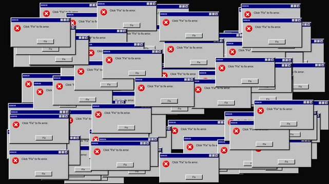 Retro computer interface windows trigger multiple system errors across a dark screen to symbolize a critical software failure before achieving a successful system restoration.