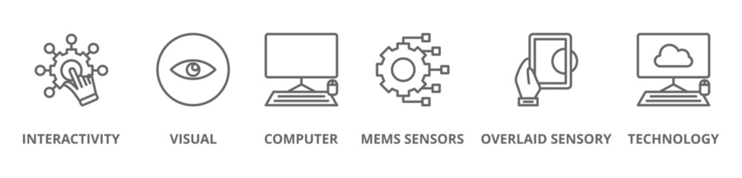 Augmented Reality (AR) is a technology that overlays digital information&mdash;such as images, interactivity, visual, mems sensors, oberlaid sensory and technology for icon, web, illustration design and vec