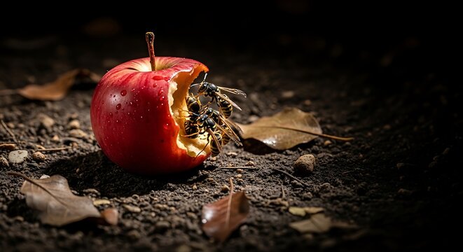 A red apple with a bite taken out of it sits on the ground with a wasp on it