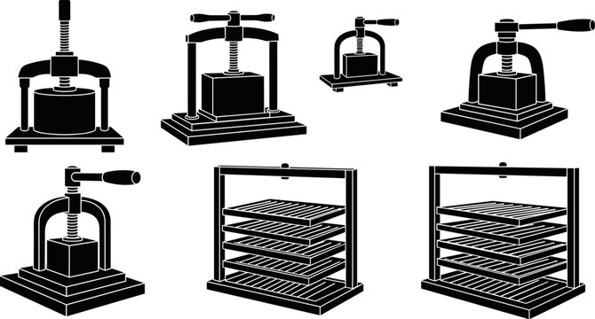 Industrial manual screw press and heavy duty mechanical compression machinery silhouettes, vintage metalwork equipment for manufacturing, engineering and factory workshop tool collection.
