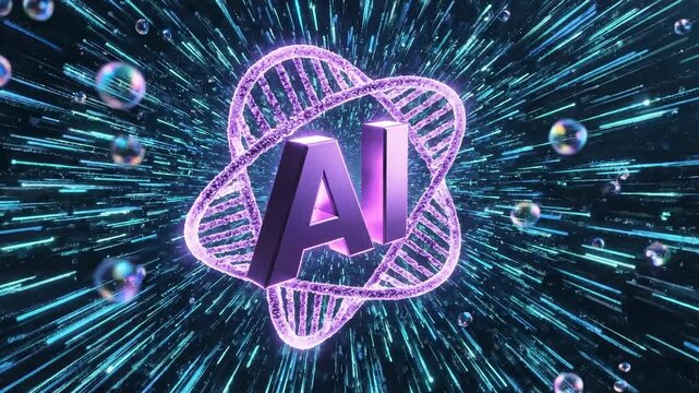 Glowing purple ai logo floating in digital space with cybernetic data stream motion 4k video