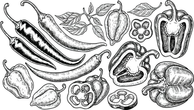 Vintage Woodcut Illustration of Various Chili Pepper Varieties Including Spicy Habanero, Jalapeno, Bell Pepper, and Bird's Eye Peppers with Slices and ... See More.eps