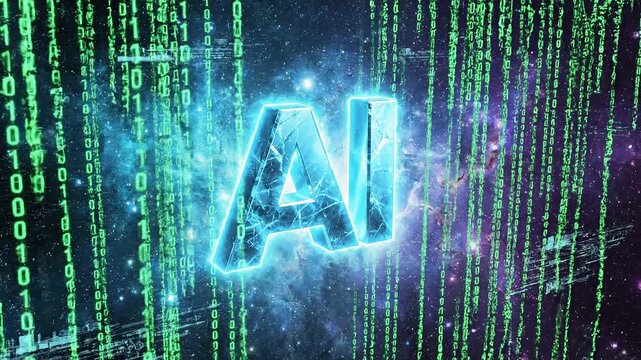 Glowing artificial intelligence logo with digital binary data streaming background 4k video
