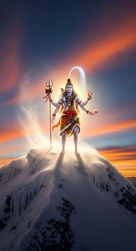 Shiva Standing on Mountain Peak Sunset.