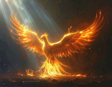 A glowing phoenix rises with soft light rays in a minimal composition.