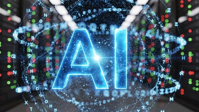 Glowing teal ai logo floating inside a high tech server room data center facility 4k video