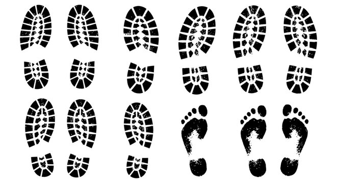 black footprints and boot prints in a walking sequence on a white background