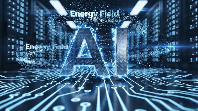 Futuristic ai logo animation with glowing energy fields in a digital server room 4k video