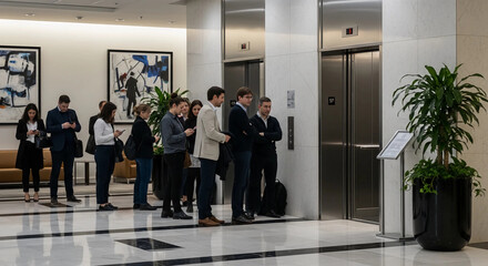 Fototapeta premium A group of people are queuing in front of the elevator door.