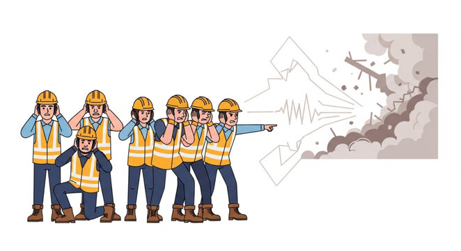 Construction workers react to dust cloud explosion safety concept.