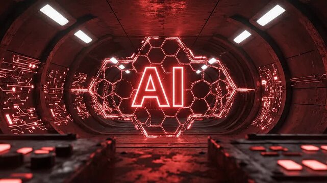 Futuristic ai logo animation with dynamic lighting and glowing symbols in high tech 4k video