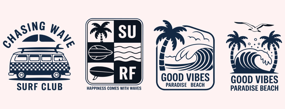 Retro Surf Vibe T- Shirt Graphics with Van Palm Trees Waves and Text surfing beach