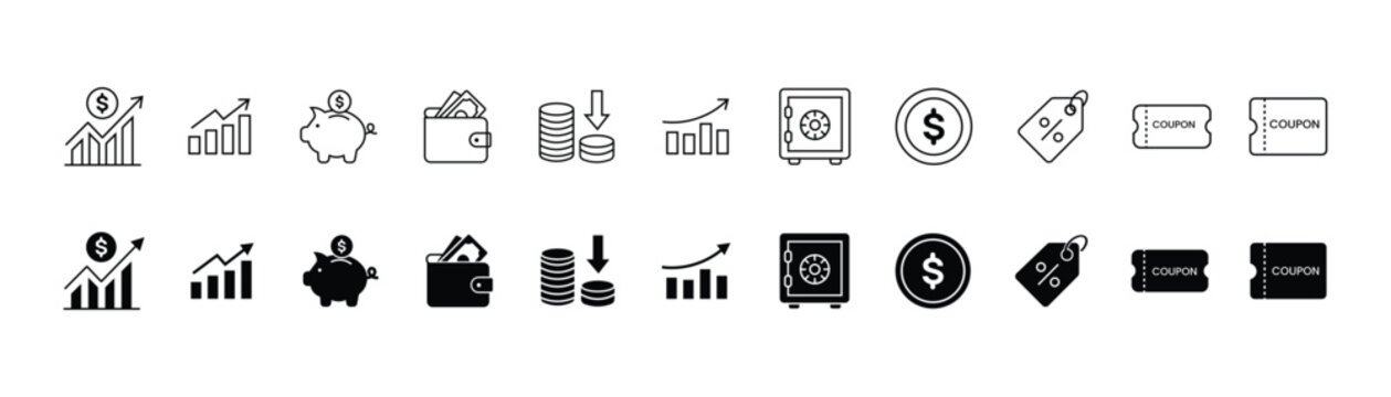 Set of finance icons in outline and solid black styles, depicting money growth, savings, transactions, and discounts for web and print design applications.