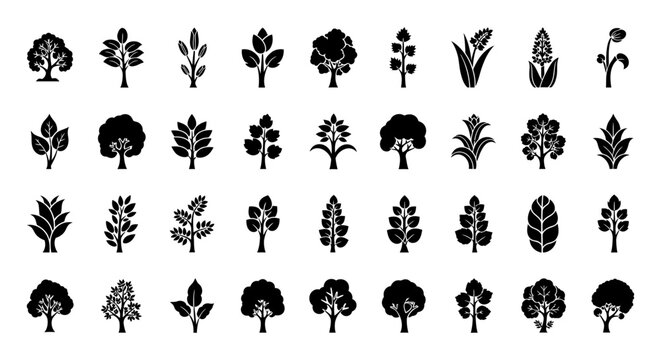 collection of diverse black and white plant and tree icons for design