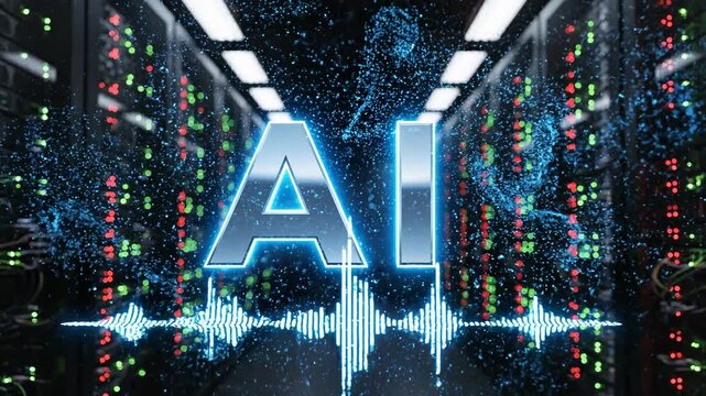 Futuristic ai logo pulsing with neon effects in a dark data center environment 4k video