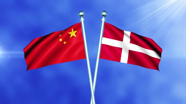 China and Denmark Flag Waving On Pole Loop