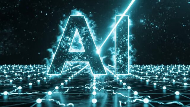 Futuristic ai logo animation with glowing blue letters and scanning effect on digital grid 4k video