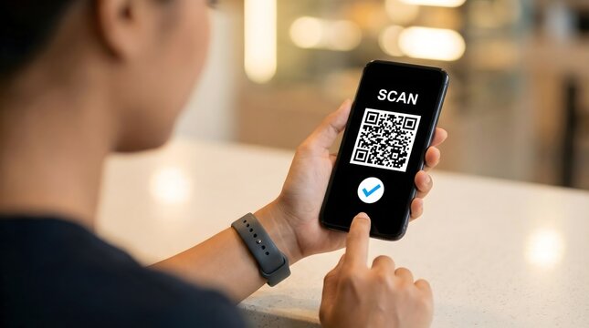 Man holding phone with qr code scanner app open scanning a qr code on a table