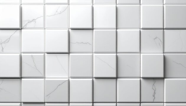 Padr&atilde;o abstrato de azulejos brancos quadrados com efeito 3D e textura de m&aacute;rmore, ideal para fundos modernos e minimalistas.