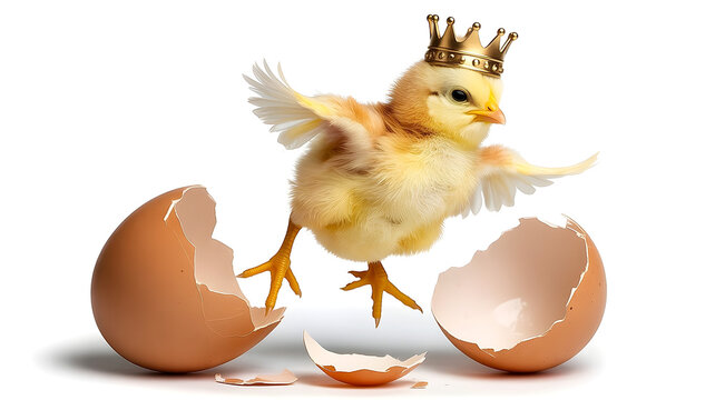 A charming chick adorned with a golden crown, mid-stride with outstretched wings, breaking free from a brown eggshell against a pure white background.