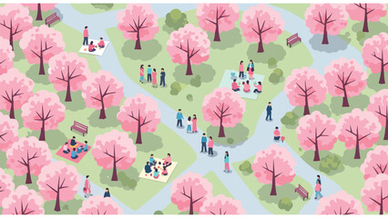 Naklejka premium Spring Park Picnic & Cherry Blossom Viewing - People Enjoying Outdoors