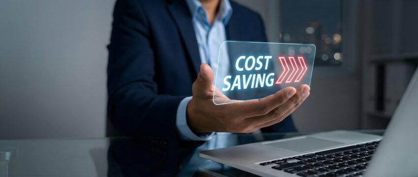 Businessman holding holographic screen displaying cost savings near silver laptop