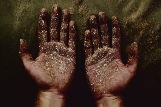 Macro of hands covered in therapeutic mineral mud, spa retreat, organic textures, natural earthy tones