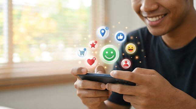 Young smiling man using smartphone with social media icons hovering over screen