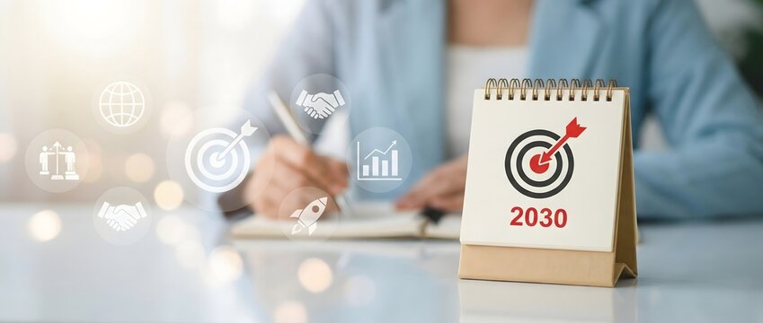 Man is writing in a notepad with a target goal for the year 2030