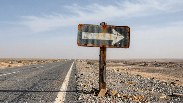 Weathered road sign in arid landscape